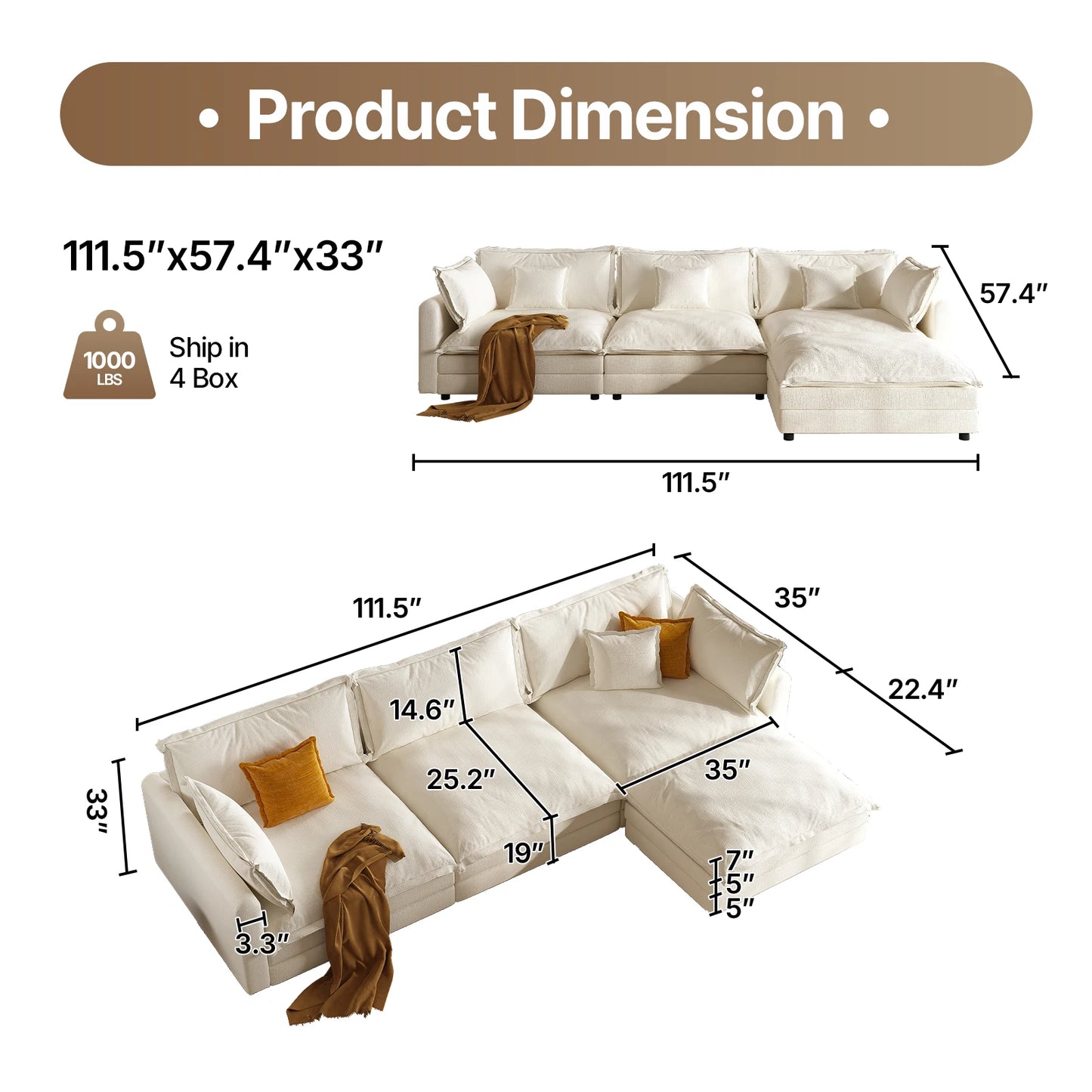 QWCCN L Shaped Modern Sofa Sectional Cloud Couch With Ottoman