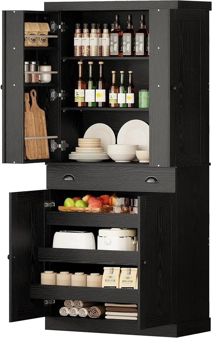 Freestanding Kitchen Pantry Cabinet With Drawer And Sliding Shelves